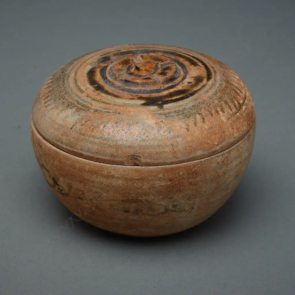 Sawankhalok stoneware covered box, 13th-16thC, greyish buff clay, 83 x 112mm (deterioration to glaze) Image 1++